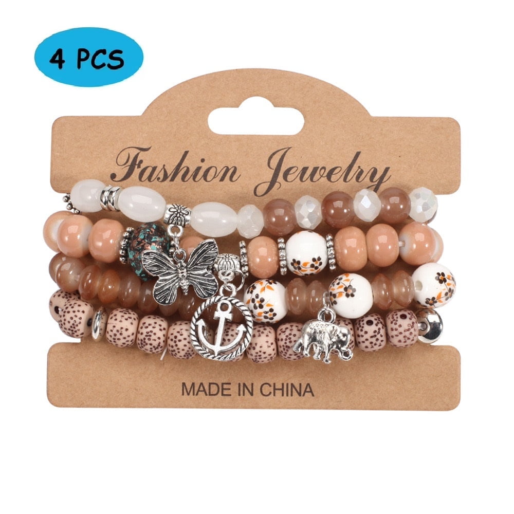 4 PCS Bohemian Stretch Anchor Bracelets Elephant Butterfly Retro Bracelets Suitable for Girls Women Gifts