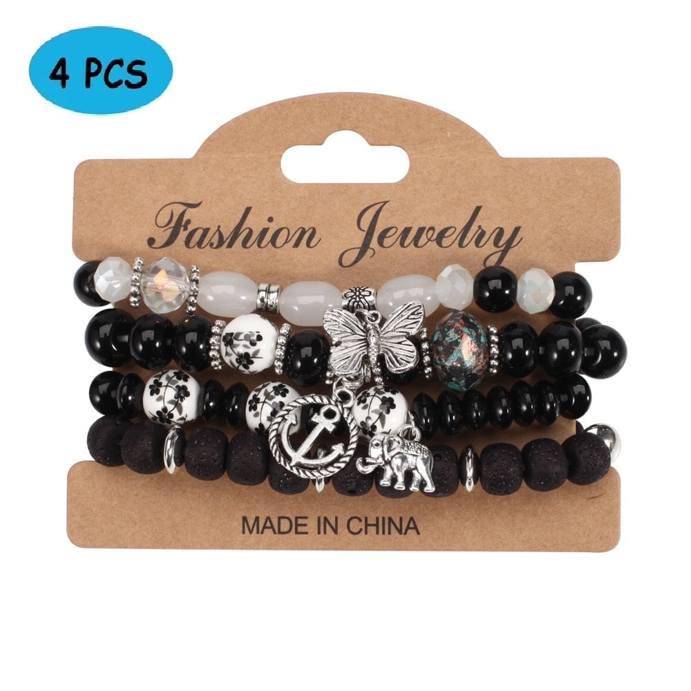 4 PCS Bohemian Stretch Anchor Bracelets Elephant Butterfly Retro Bracelets Suitable for Girls Women Gifts