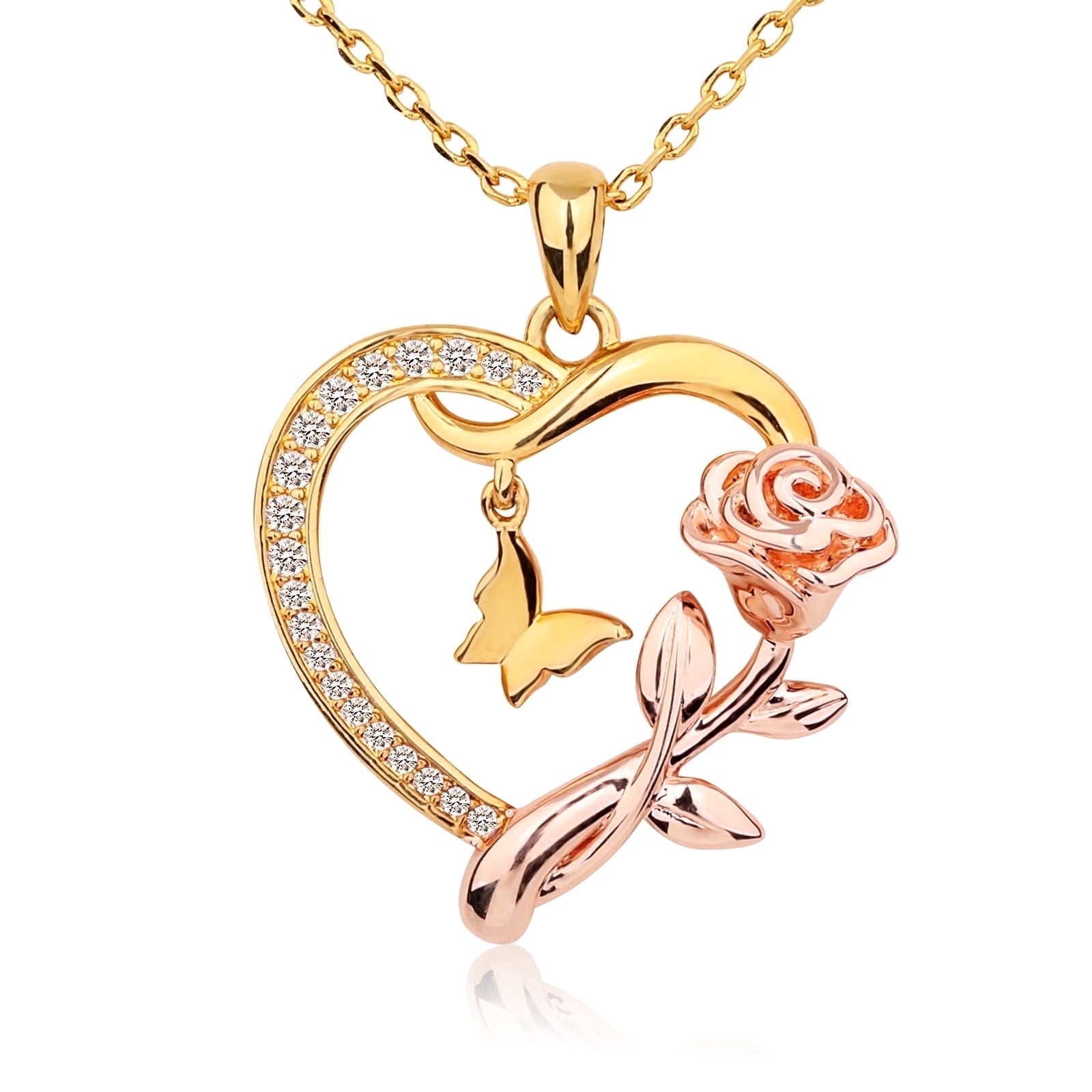 Heart Necklace for Women 14k Plated CZ Rose and Butterfly Jewelry for Women 's Day