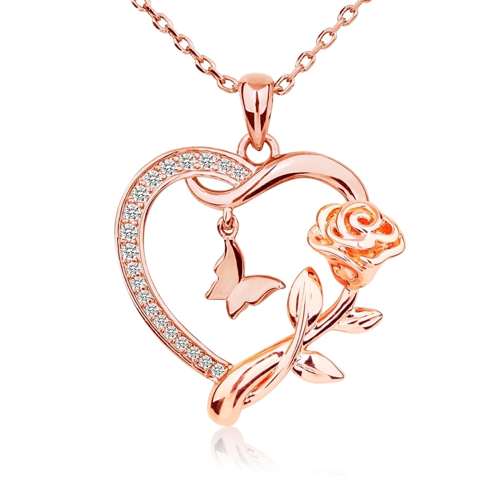 Heart Necklace for Women 14k Plated CZ Rose and Butterfly Jewelry for Women 's Day