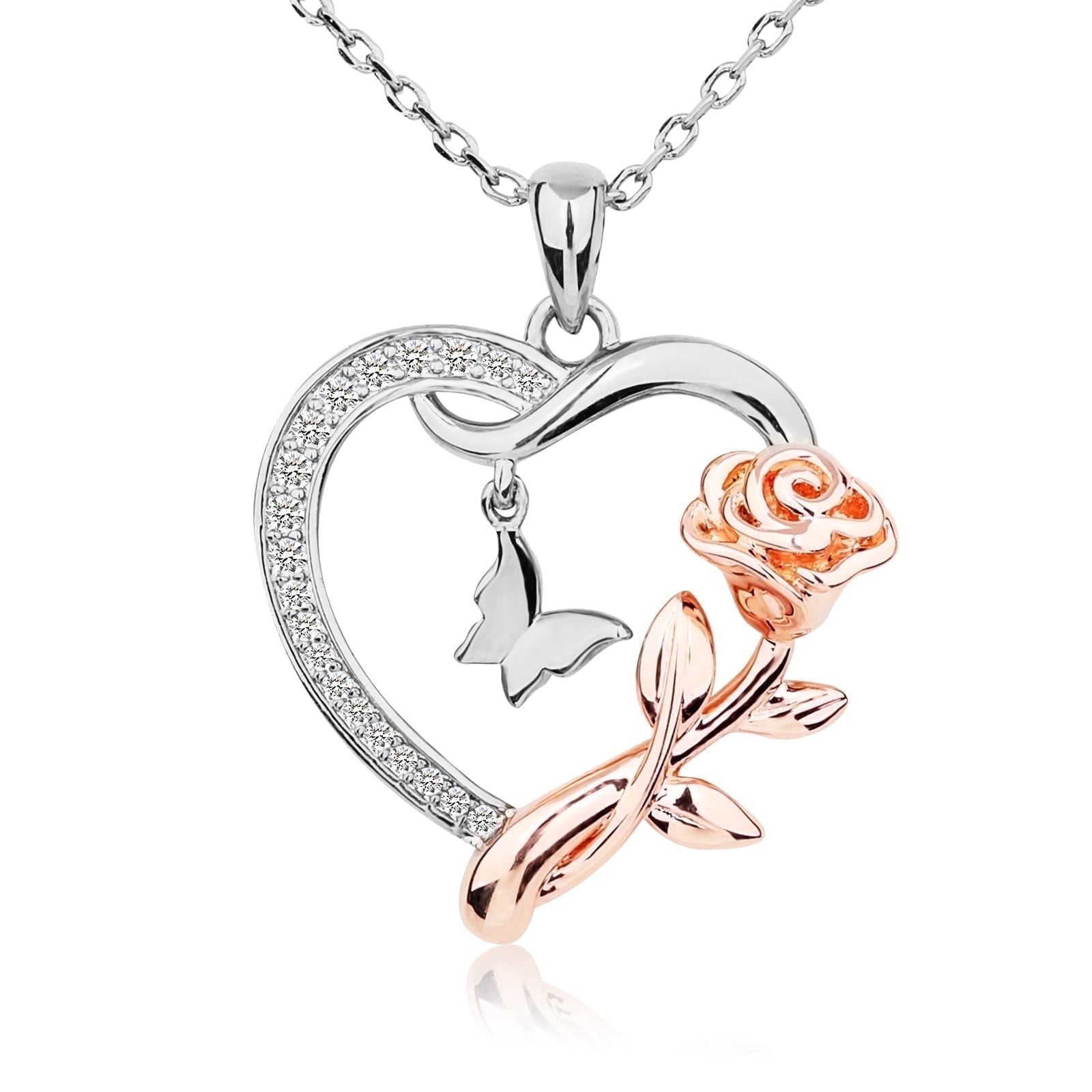 Heart Necklace for Women 14k Plated CZ Rose and Butterfly Jewelry for Women 's Day