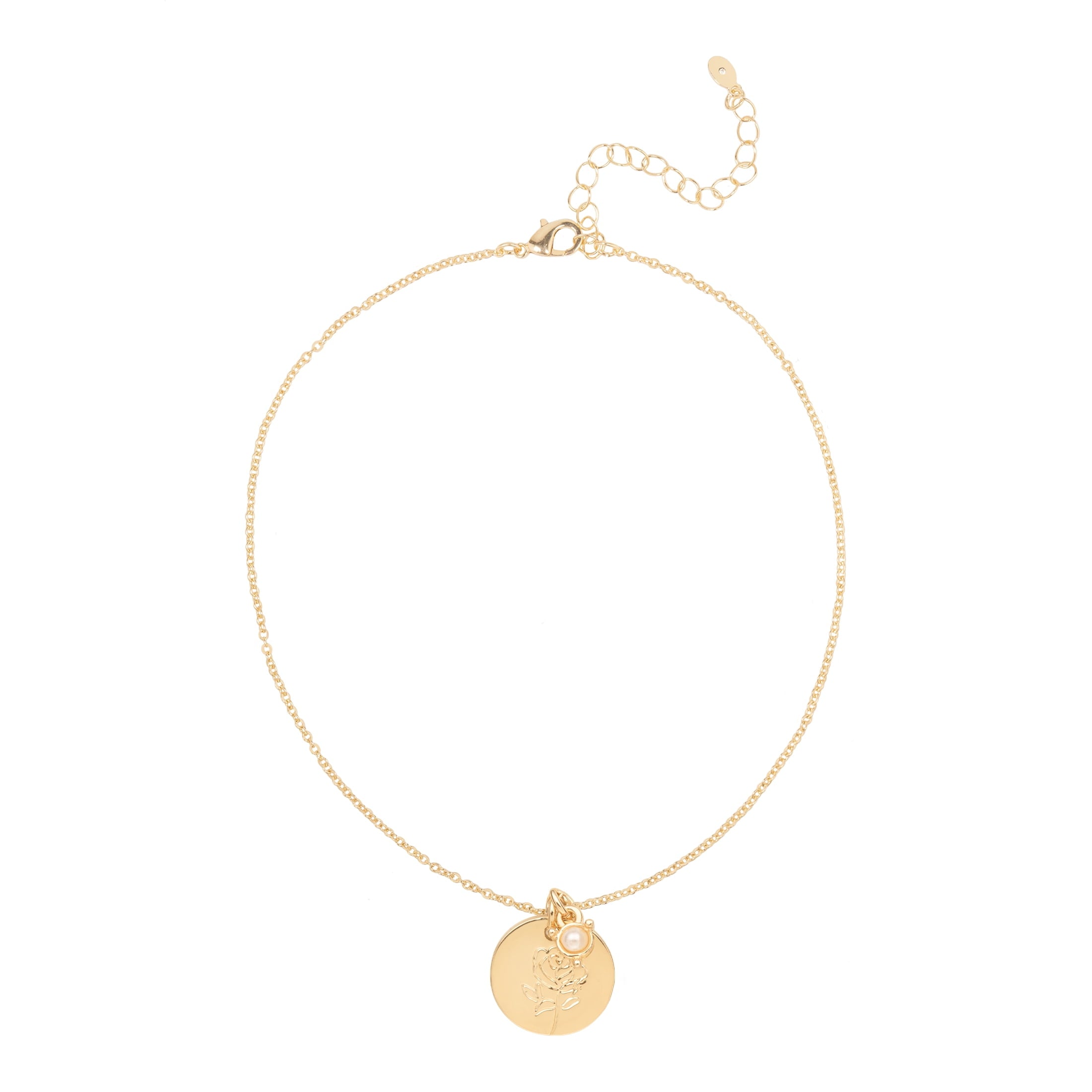 Women’s March Necklace, Tone Chain with Light Azure Stone &amp; Daffodil Flower