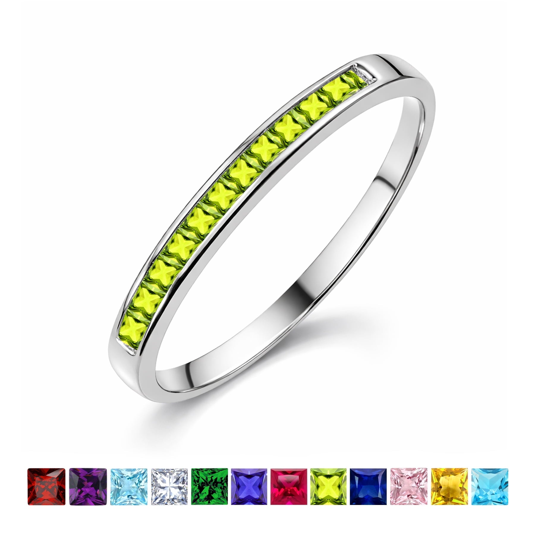 0.25 Princess Cut September Wedding Band - Pave Channel Band - 18K White Plating for Women