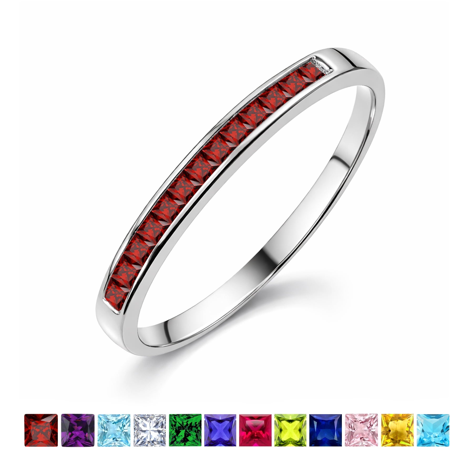 0.25 Princess Cut September Wedding Band - Pave Channel Band - 18K White Plating for Women