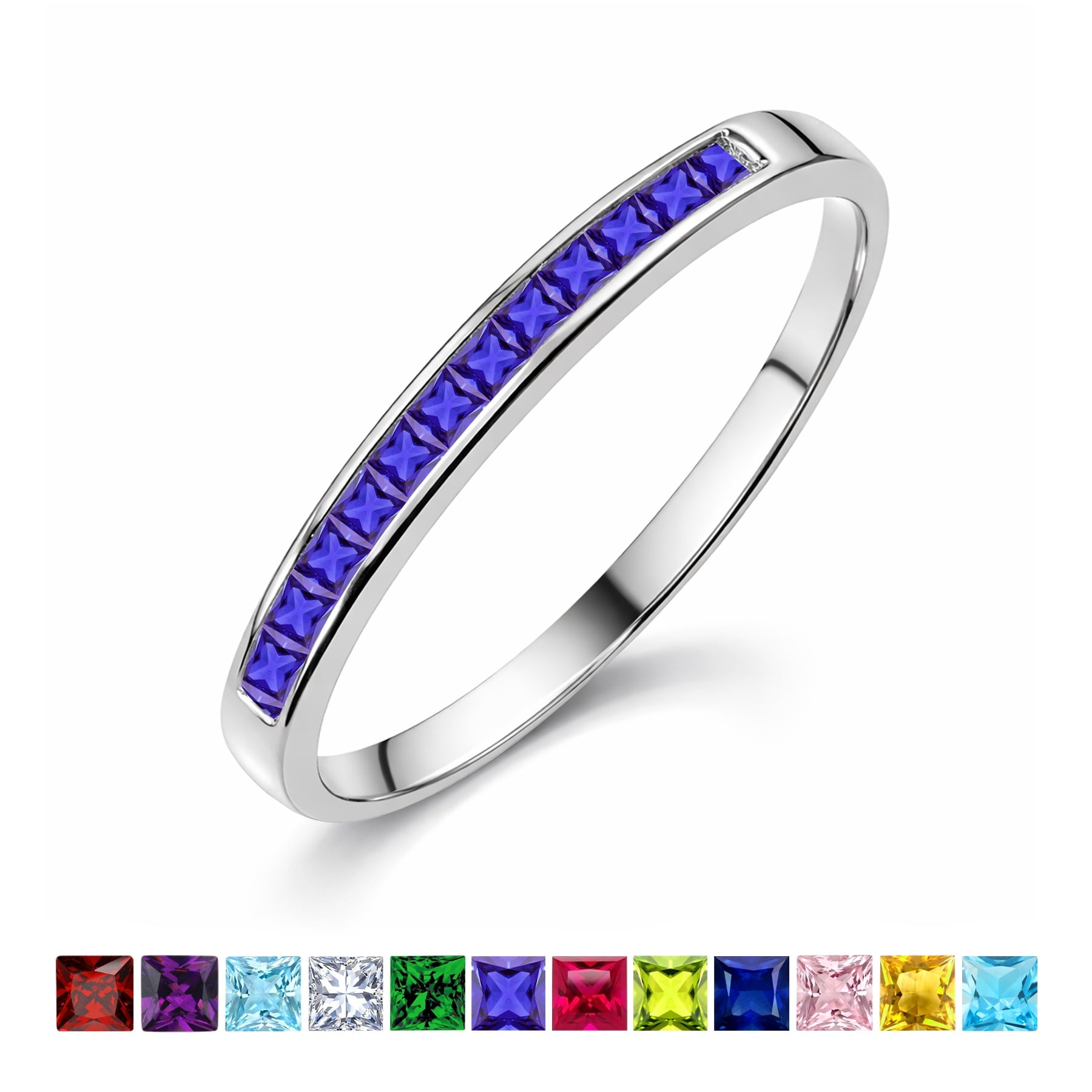 0.25 Princess Cut September Wedding Band - Pave Channel Band - 18K White Plating for Women