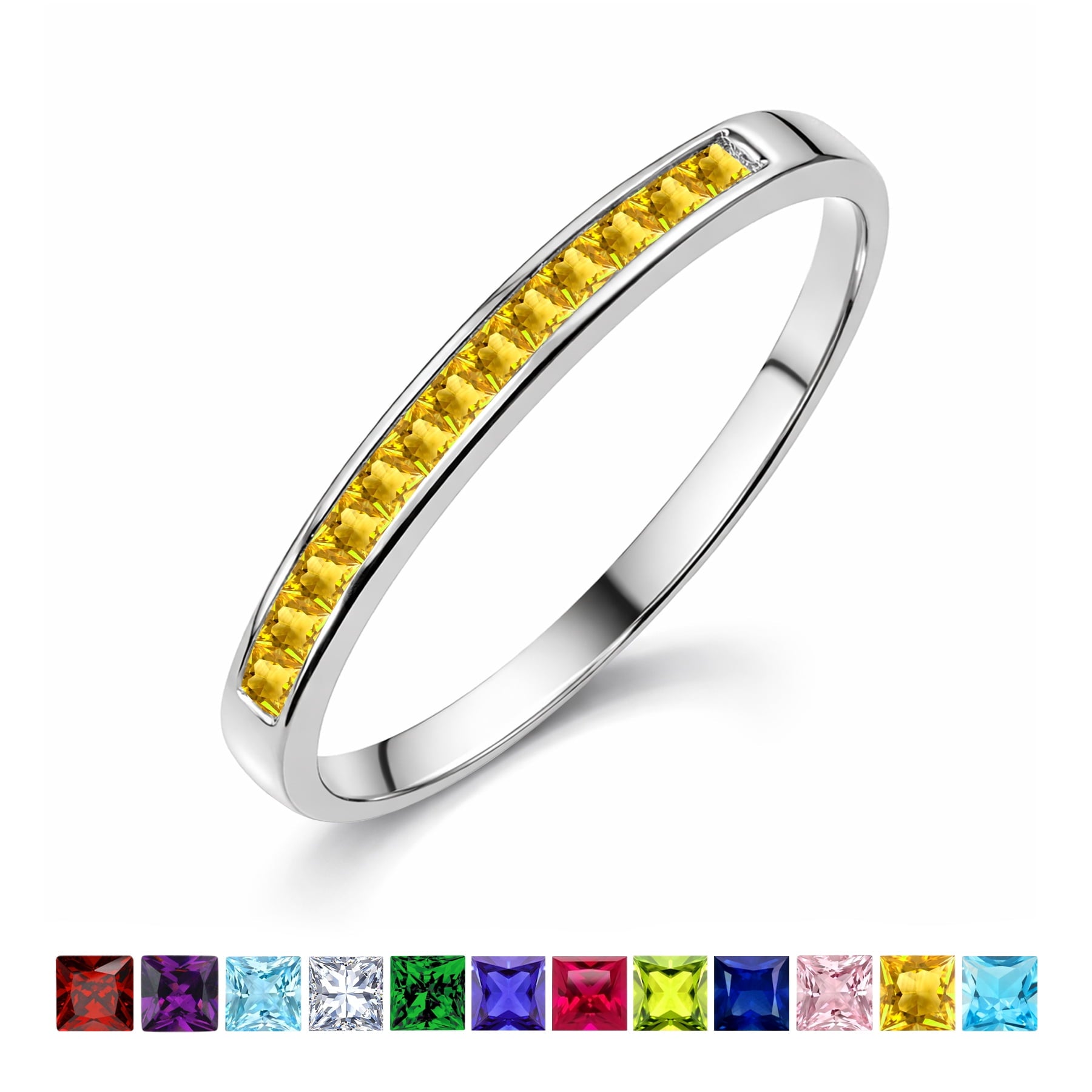 0.25 Princess Cut September Wedding Band - Pave Channel Band - 18K White Plating for Women