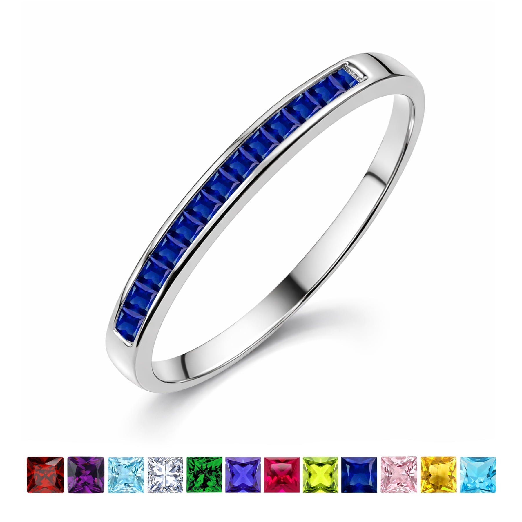 0.25 Princess Cut September Wedding Band - Pave Channel Band - 18K White Plating for Women