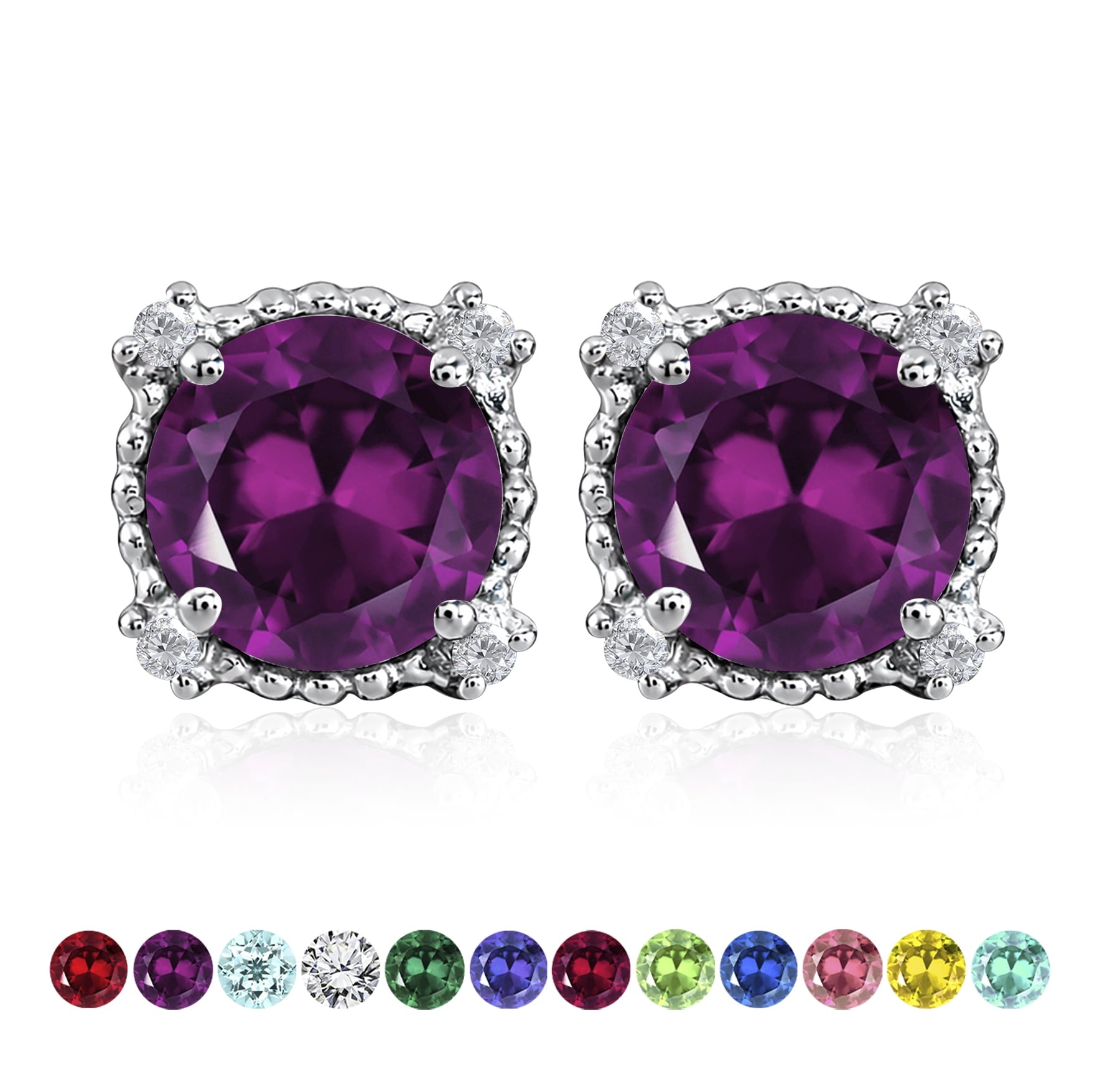 3.5 Round Cut April Stud Earrings - Halo Milgrain Earrings in 18K White Plating for Women