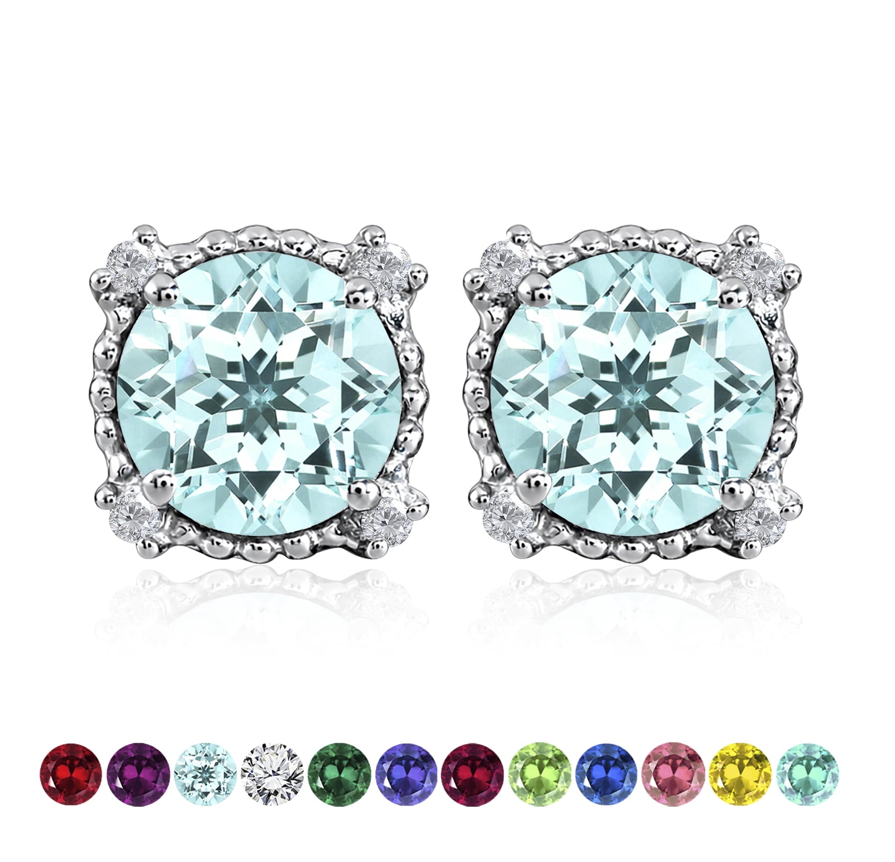 3.5 Round Cut April Stud Earrings - Halo Milgrain Earrings in 18K White Plating for Women