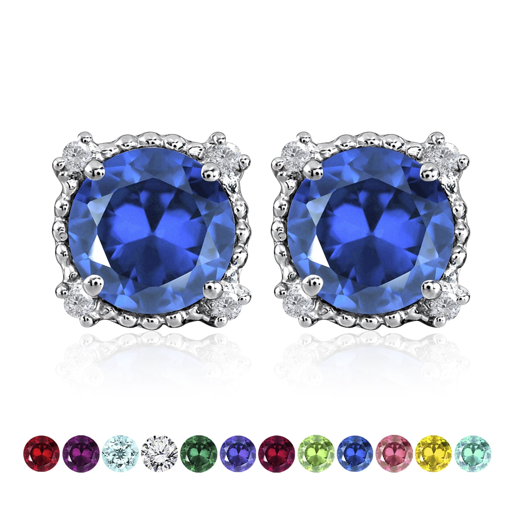 3.5 Round Cut April Stud Earrings - Halo Milgrain Earrings in 18K White Plating for Women