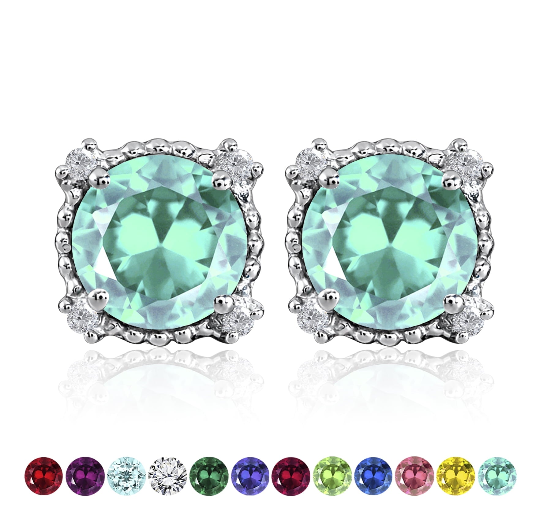 3.5 Round Cut April Stud Earrings - Halo Milgrain Earrings in 18K White Plating for Women