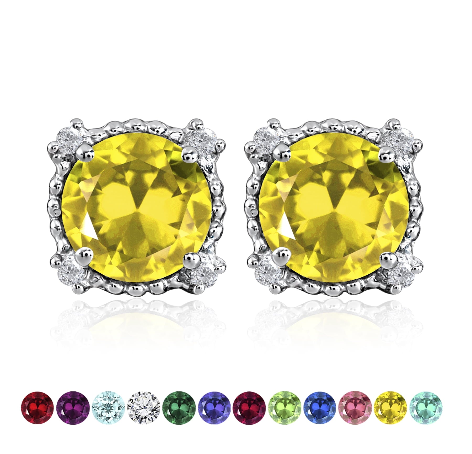 3.5 Round Cut April Stud Earrings - Halo Milgrain Earrings in 18K White Plating for Women