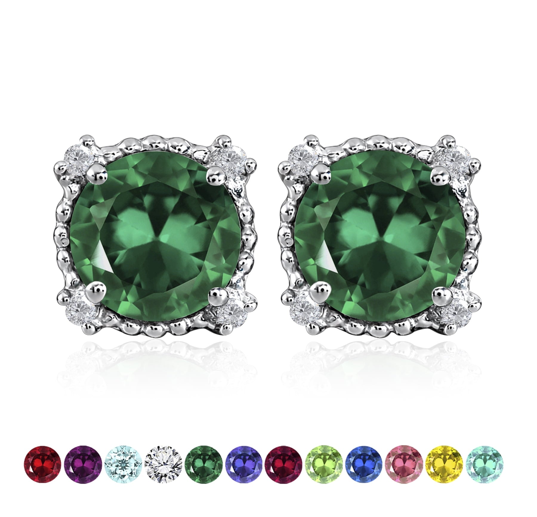 3.5 Round Cut April Stud Earrings - Halo Milgrain Earrings in 18K White Plating for Women