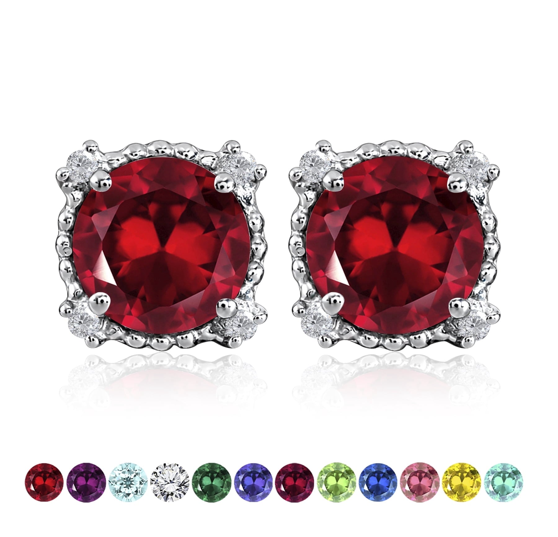 3.5 Round Cut April Stud Earrings - Halo Milgrain Earrings in 18K White Plating for Women