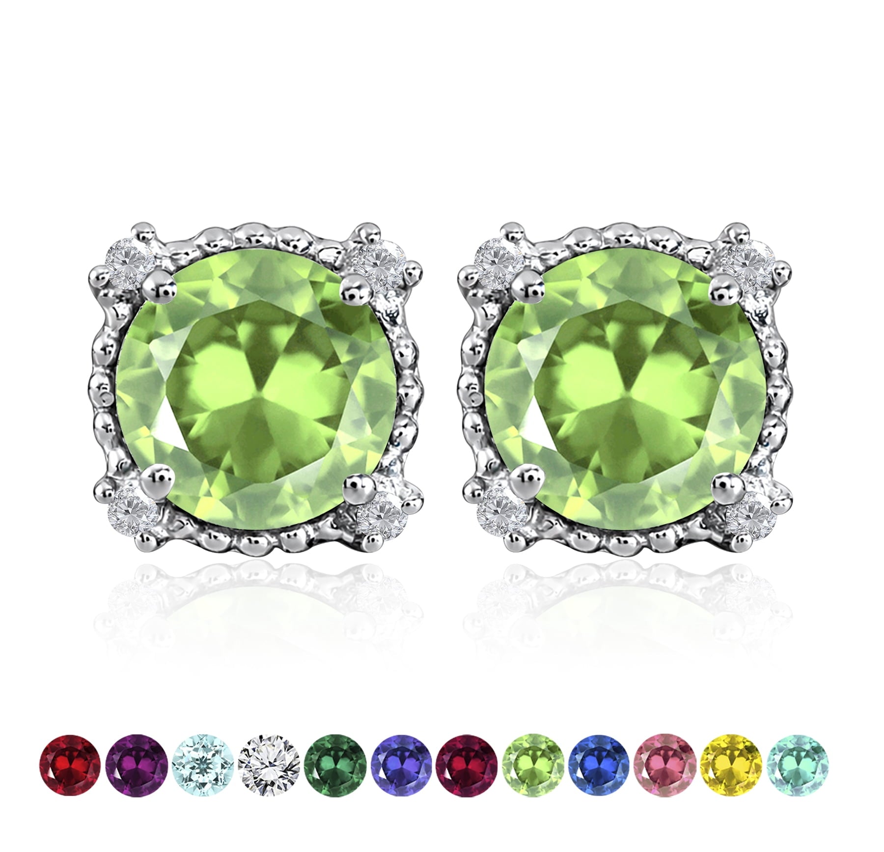 3.5 Round Cut April Stud Earrings - Halo Milgrain Earrings in 18K White Plating for Women