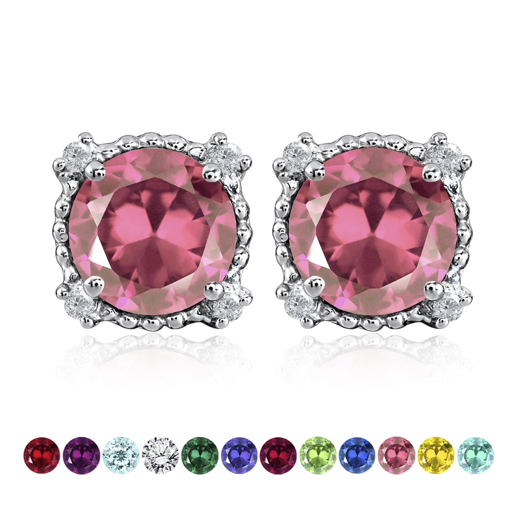3.5 Round Cut April Stud Earrings - Halo Milgrain Earrings in 18K White Plating for Women