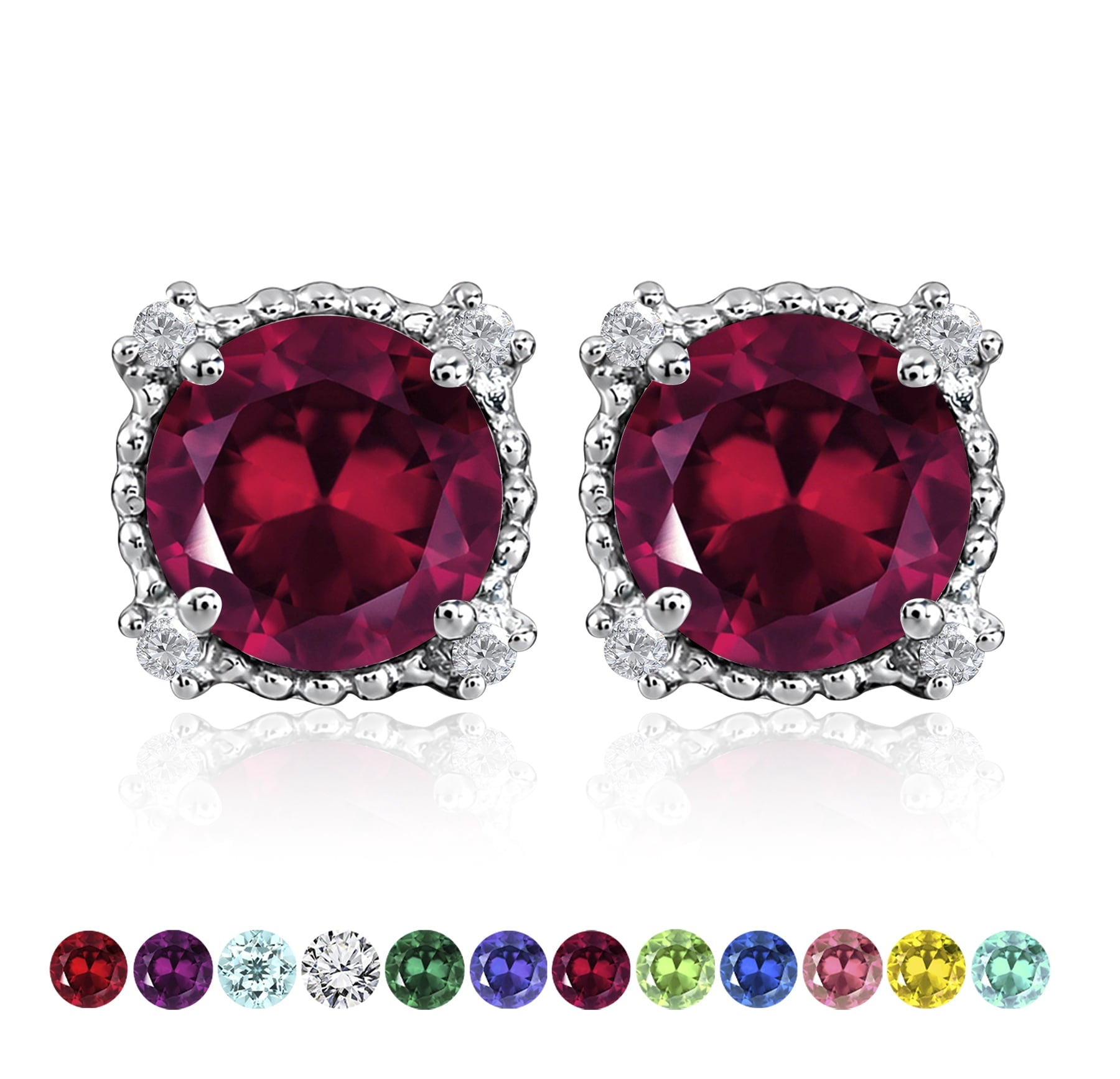 3.5 Round Cut April Stud Earrings - Halo Milgrain Earrings in 18K White Plating for Women