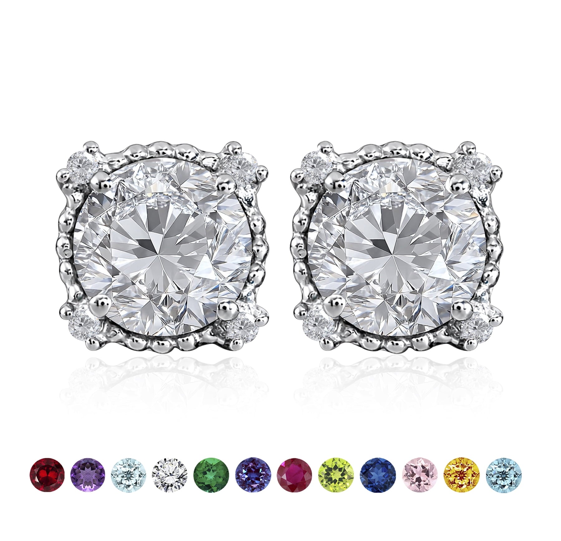 3.5 Round Cut April Stud Earrings - Halo Milgrain Earrings in 18K White Plating for Women