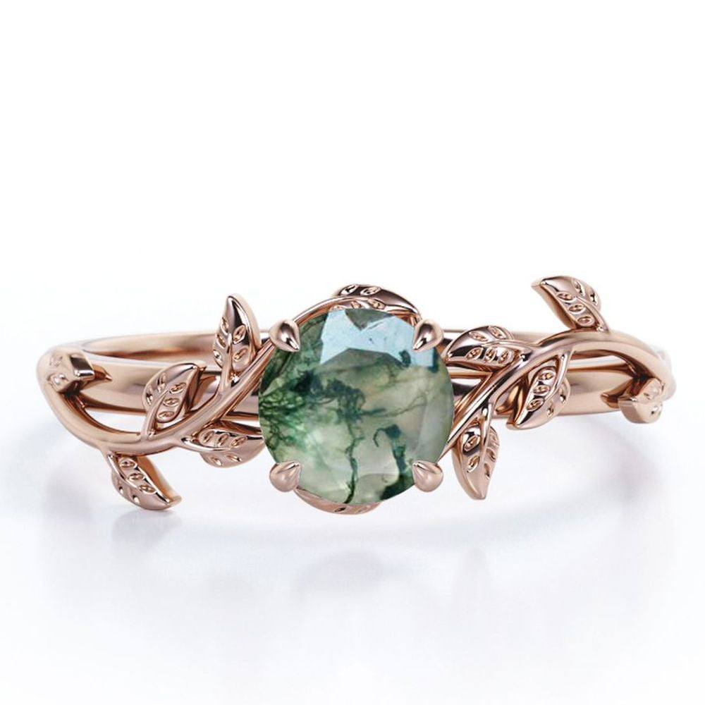 Nature Inspired 0.50 Green Moss Agate Solitaire Engagement Ring - Forest Ring - 18K White Plating for Women