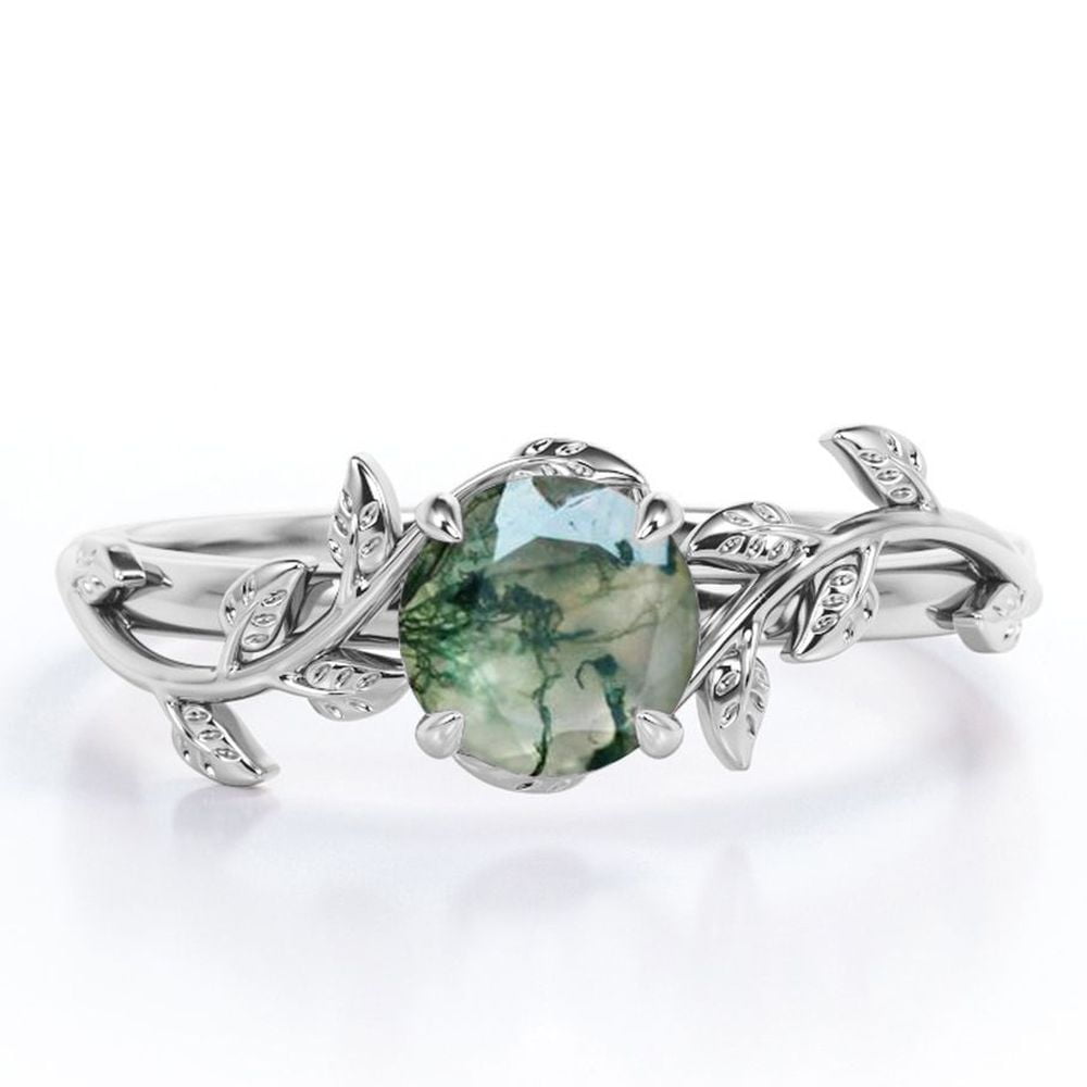 Nature Inspired 0.50 Green Moss Agate Solitaire Engagement Ring - Forest Ring - 18K White Plating for Women