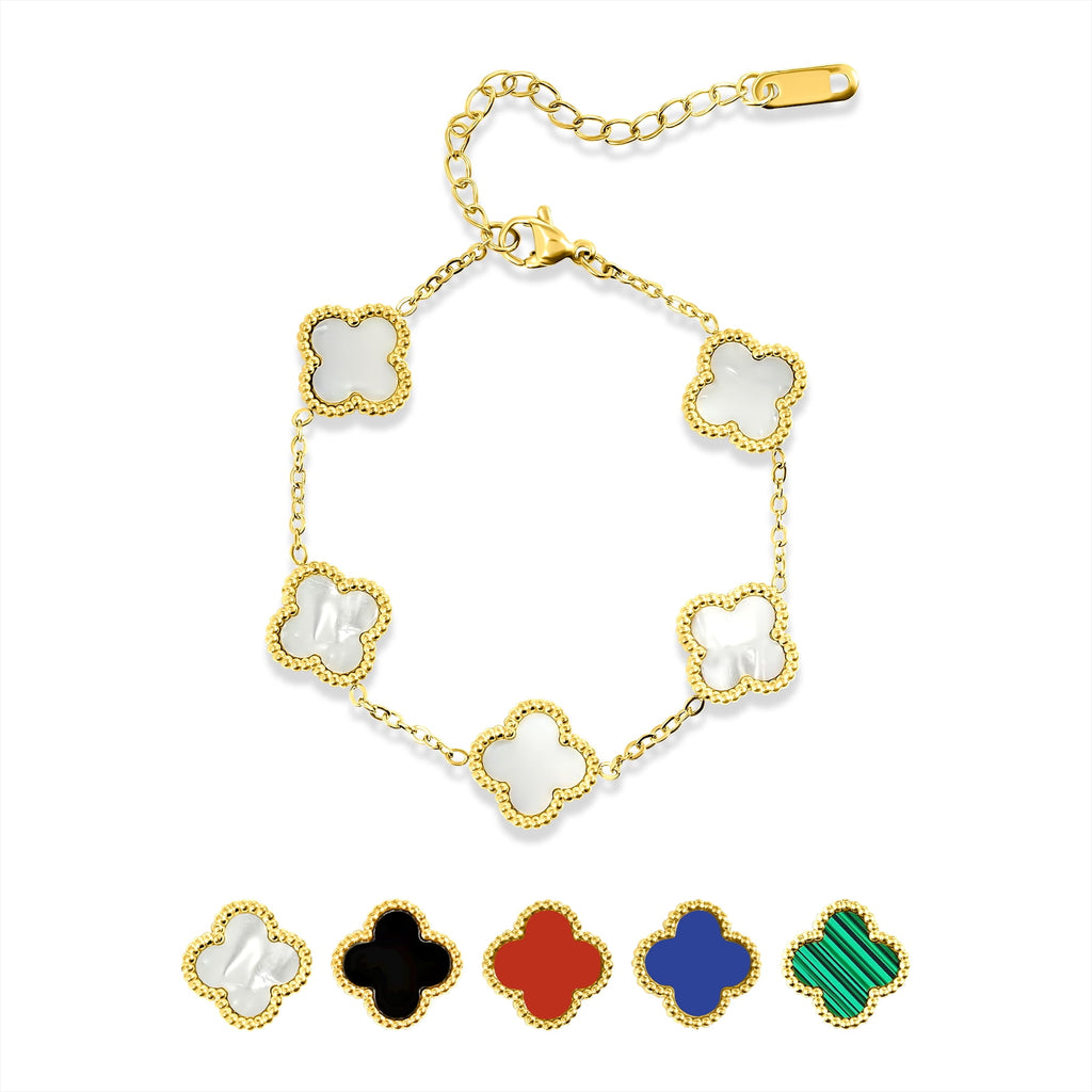 White Flower Link Bracelet in Yellow Plated
