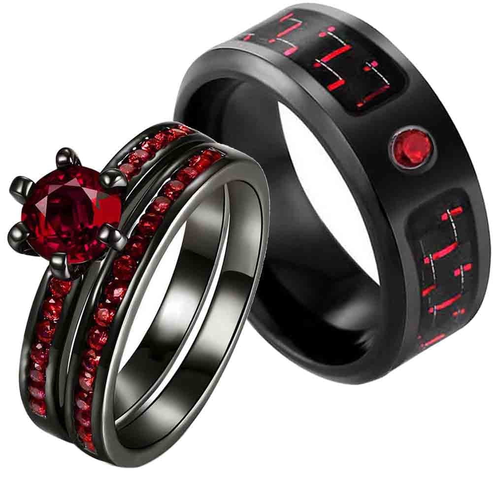 Matching Rings Couple Rings Black Plated 1CT Purple Cz Women Wedding Ring Sets