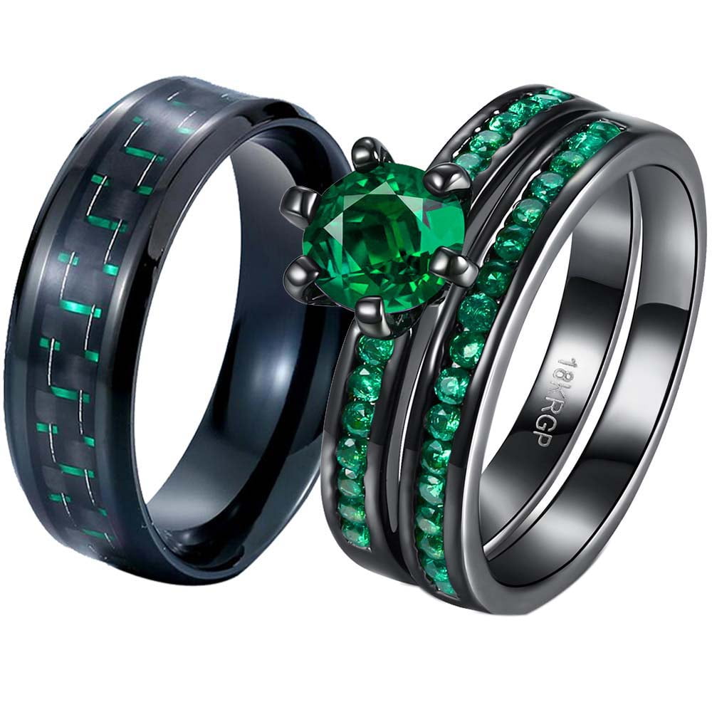 Matching Rings Couple Rings Black Plated 1CT Purple Cz Women Wedding Ring Sets