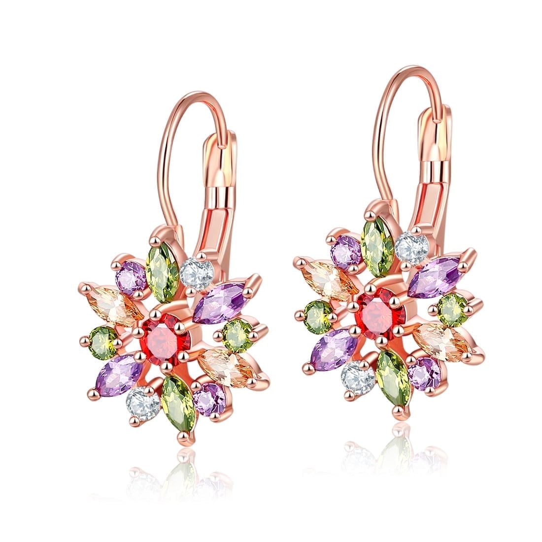 Multi-Colored Crystal Flower Lever-back Earring in 18K Rose Plated