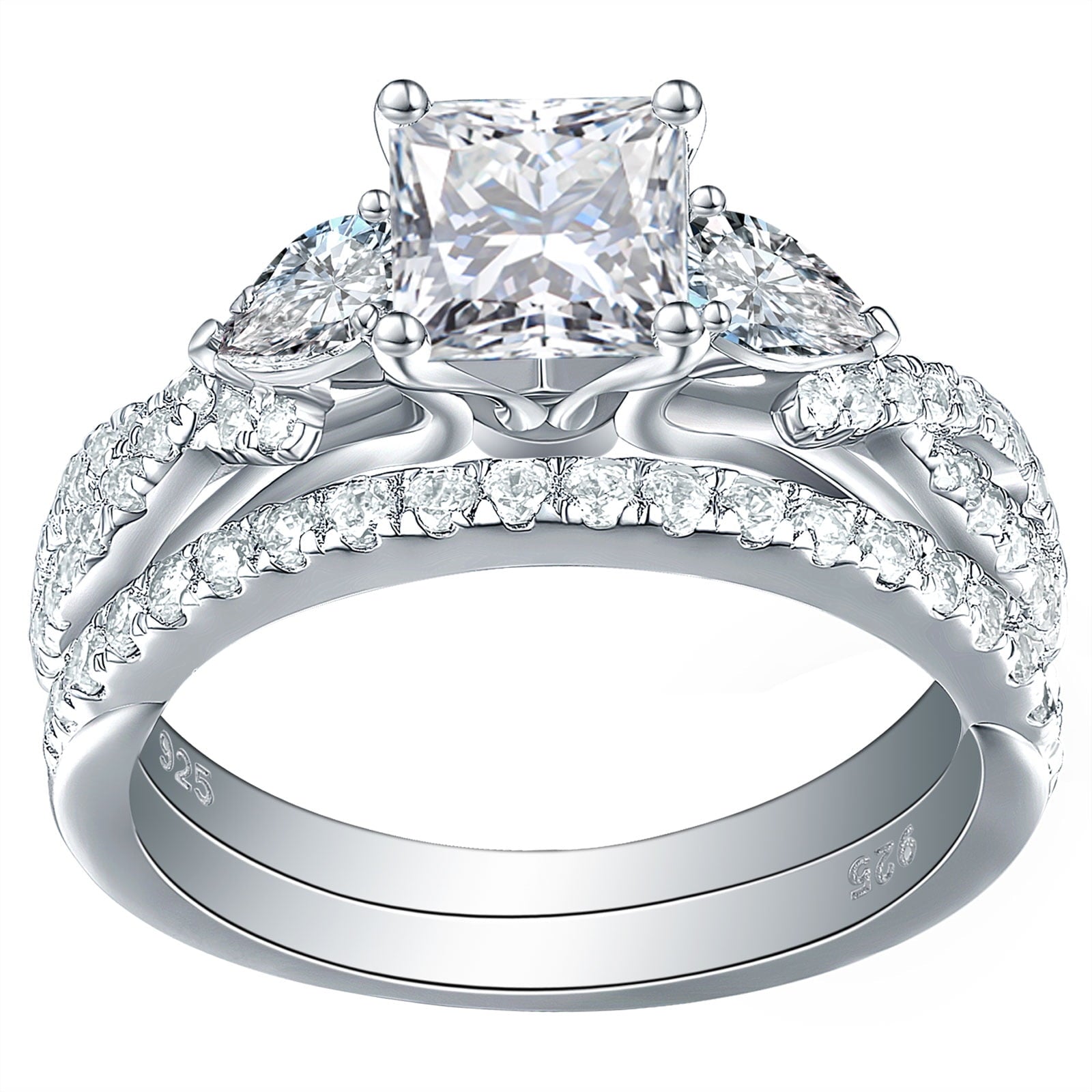 1.7ct Princess Pear White AAAAA Cz 925 Sterling Engagement Wedding Ring Set Size 6