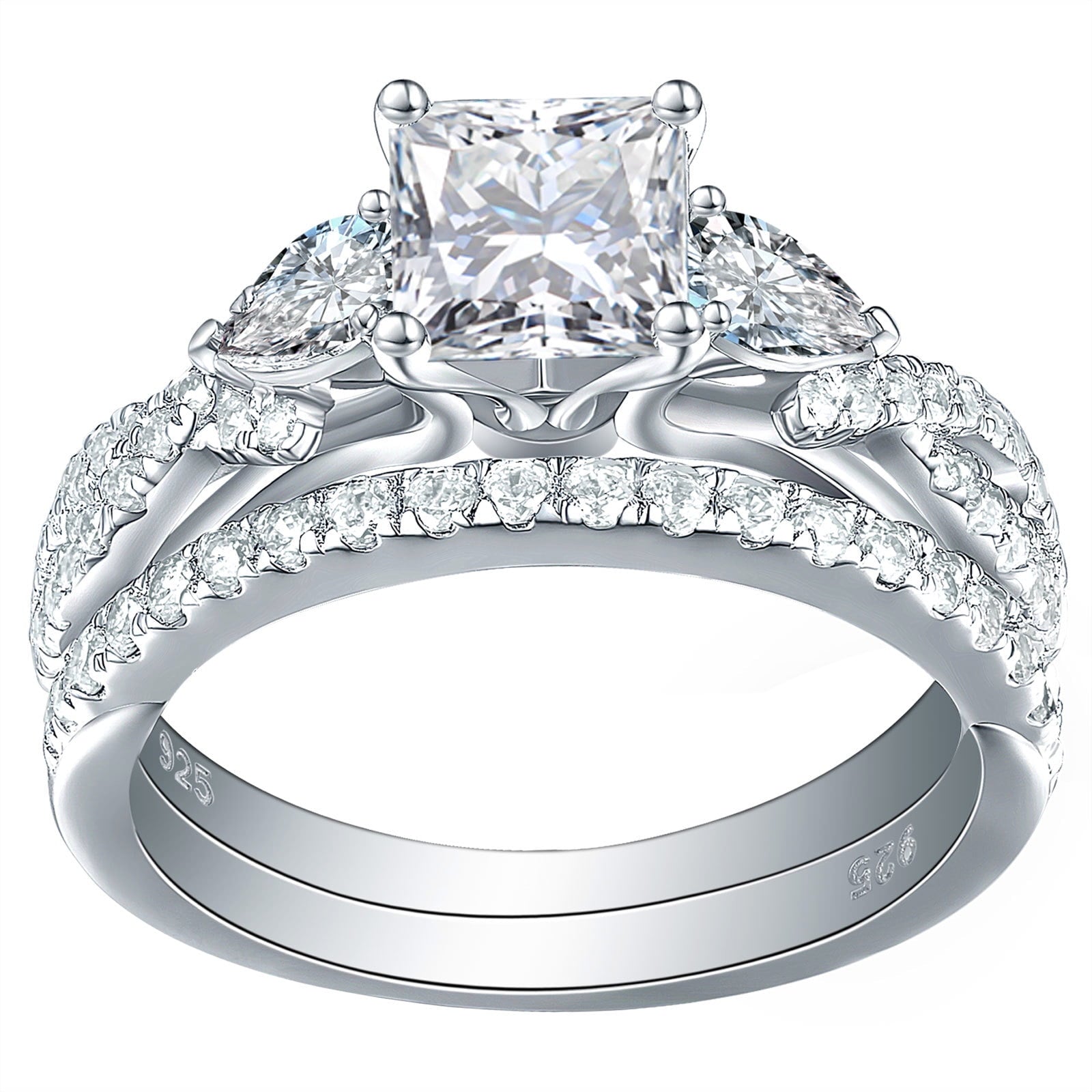 1.7ct Princess Pear White AAAAA Cz 925 Sterling Engagement Wedding Ring Set Size 6