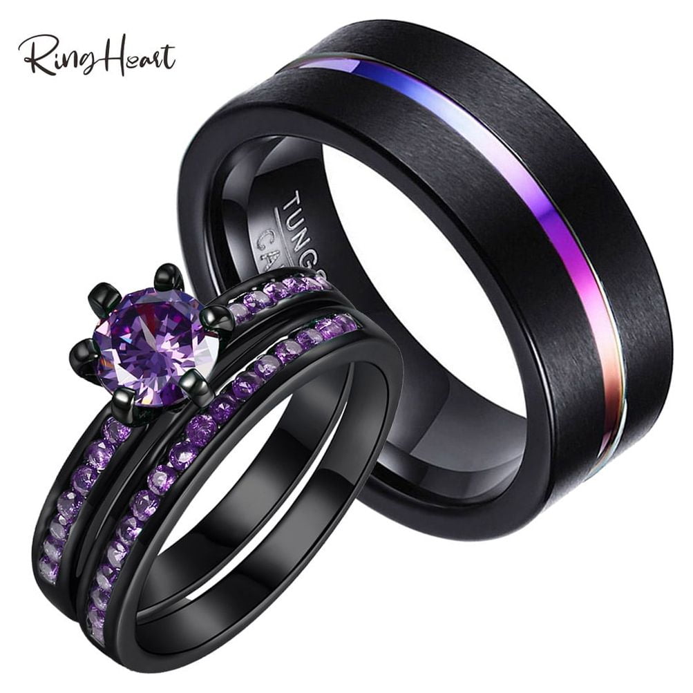 Matching Rings Couple Rings Black Plated 1CT Purple Cz Women Wedding Ring Sets