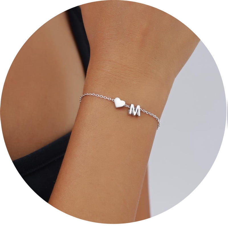 Women's Sterling Bracelets Heart &amp; Alphabet Letter A Initial Bracelet Charm Jewelry Gifts for Her