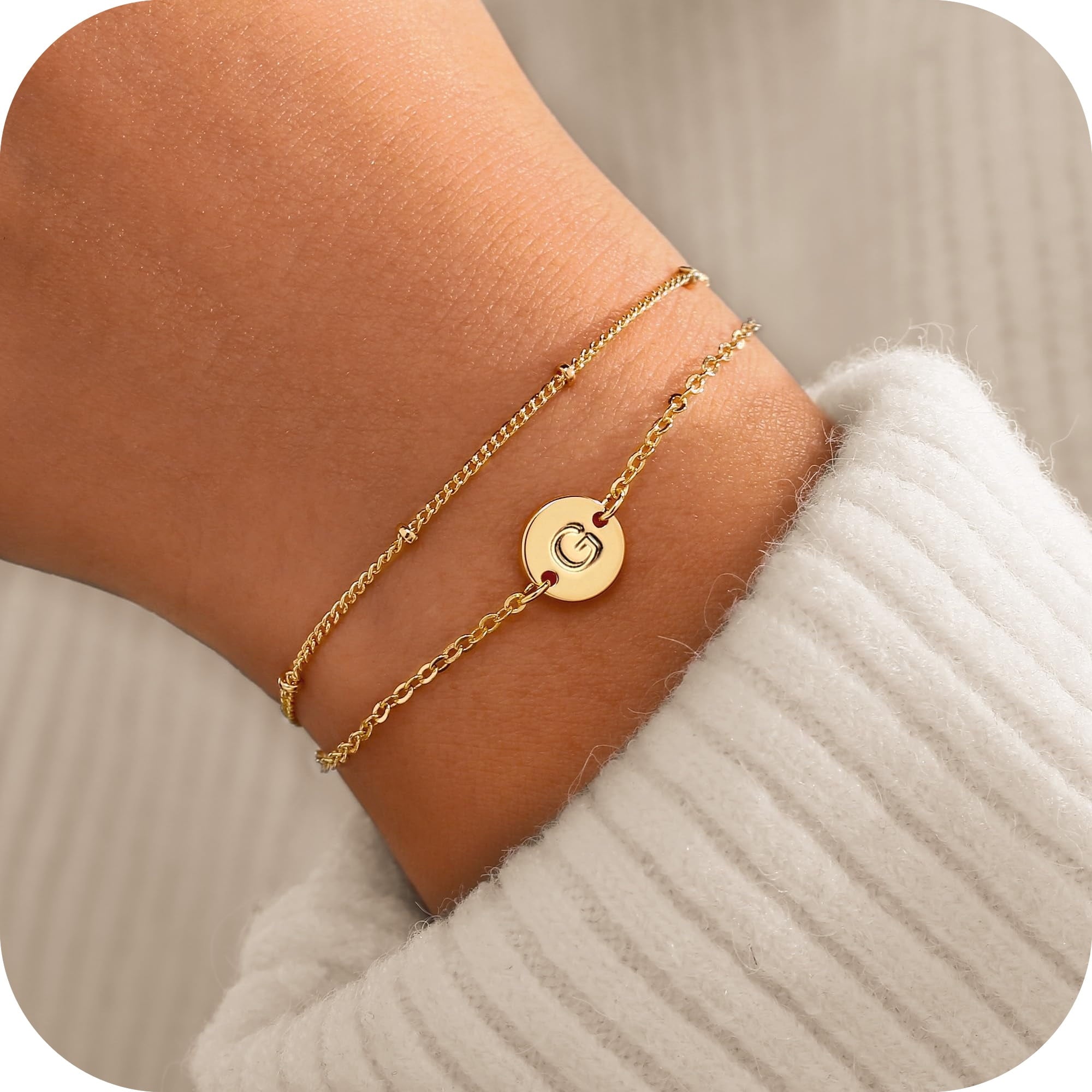 14K Plated Dainty Charm Disc Layered Initial Link Bracelet for Women Letter A-Z Jewelry Personalized Easter for Her Kids Women Girls