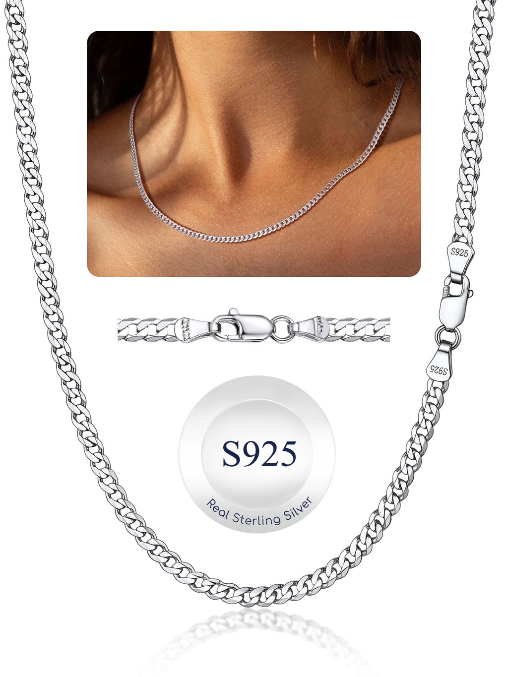 Solid 925 Sterling Chain Necklace 3mm Flat Curb Cuban Link Chain Jewelry for Men Women
