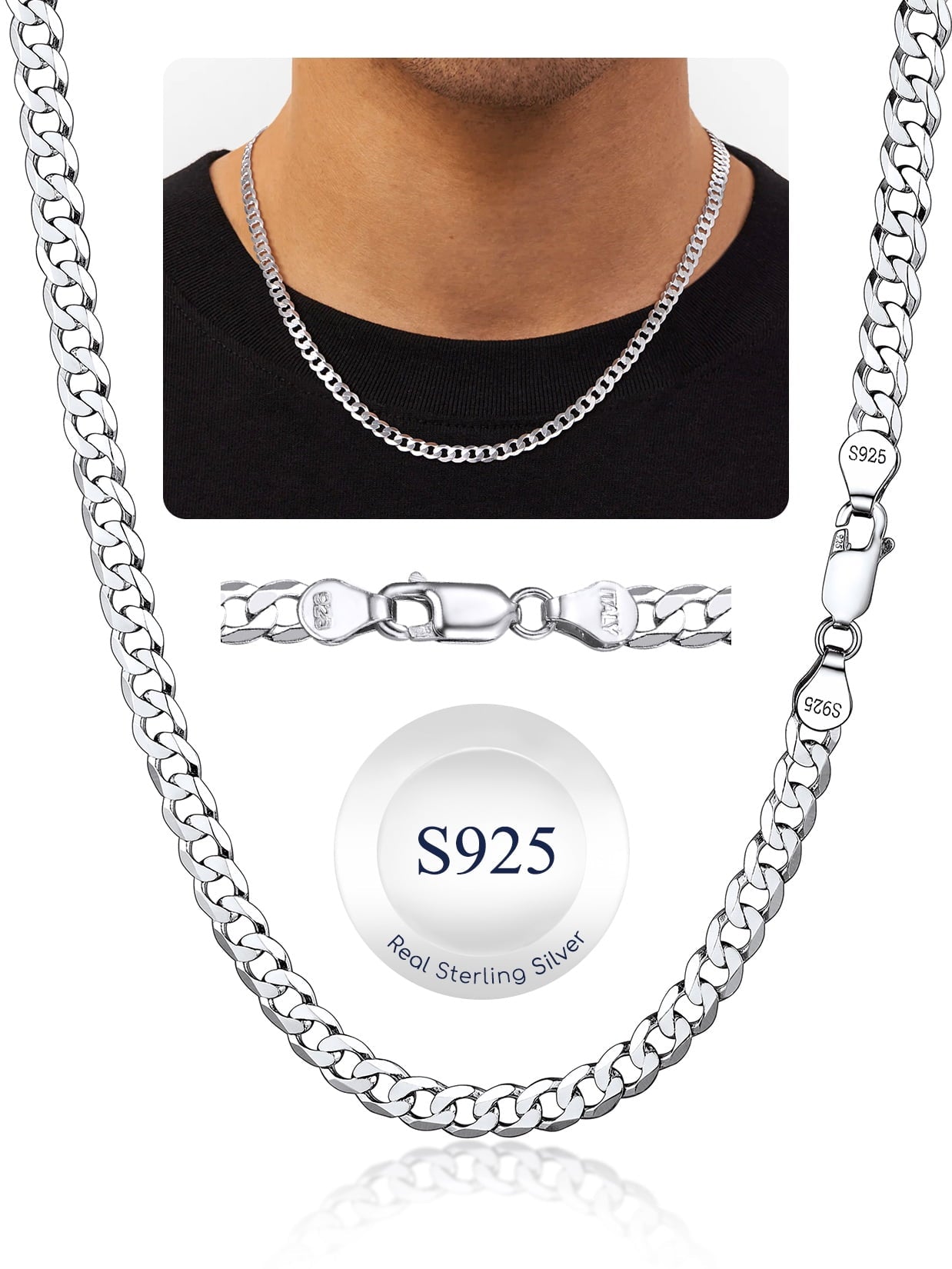 Solid 925 Sterling Chain Necklace 3mm Flat Curb Cuban Link Chain Jewelry for Men Women