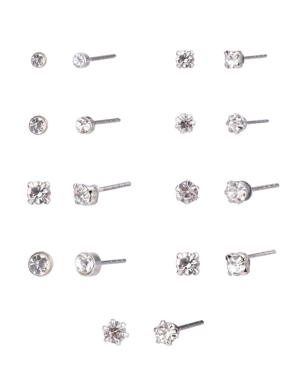 Adult Women's 9 Pair Tone Crystal Stud Metal Earrings Set