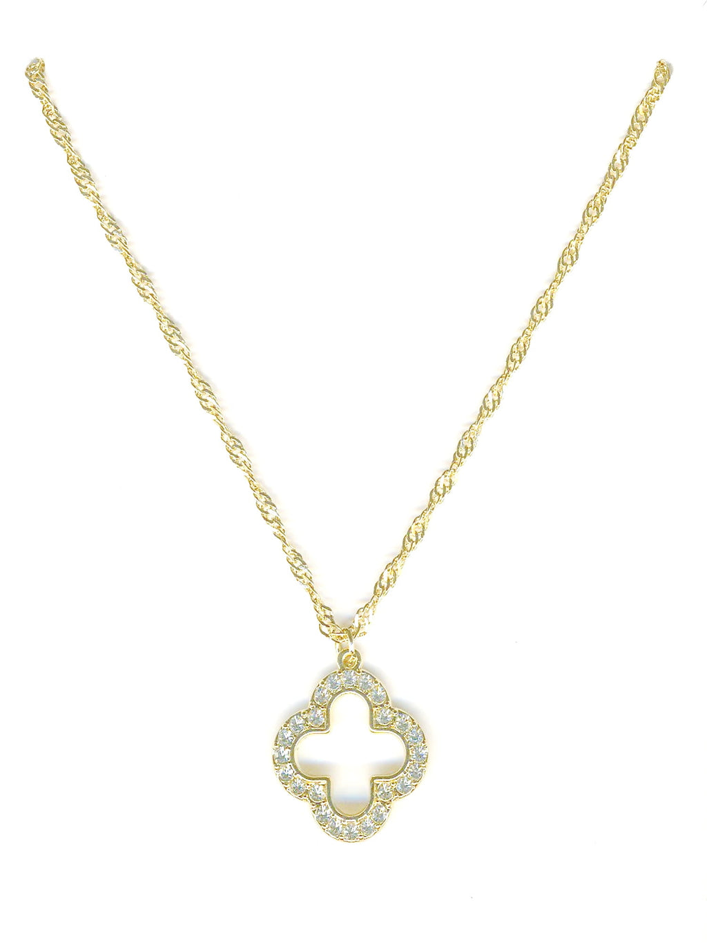 Plated Clover Pave Stones Pendant Necklace with Lobster Clasp