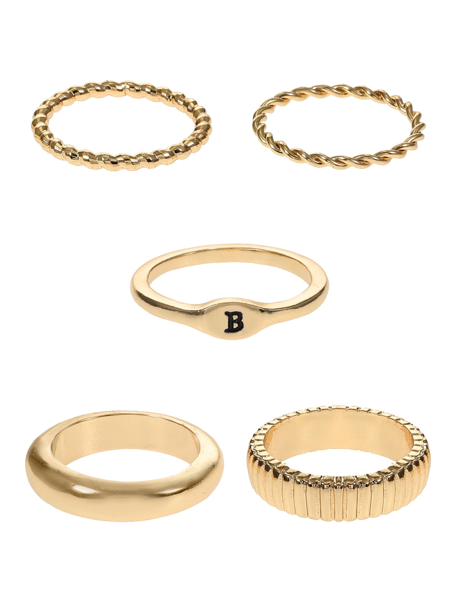 Goldtone Initial Ring Set, 5 Piece, Size 7, Initial J