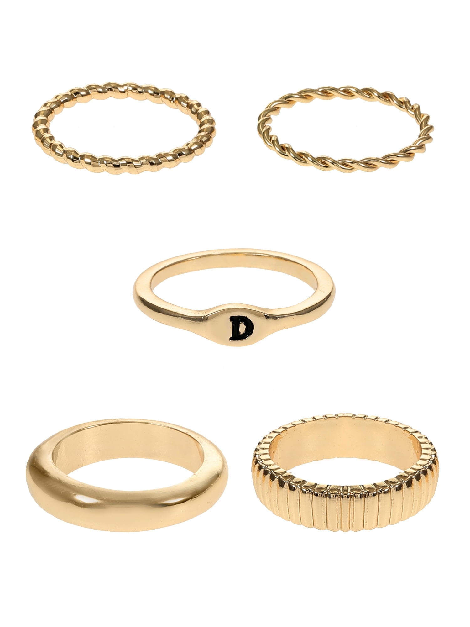 Goldtone Initial Ring Set, 5 Piece, Size 7, Initial J