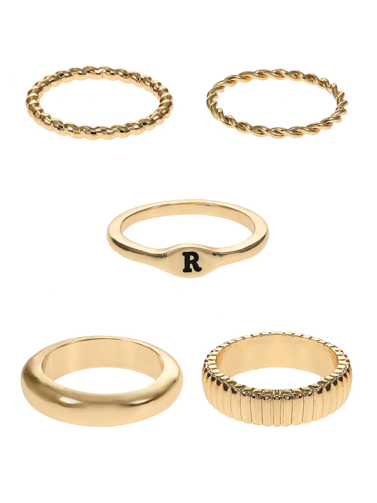Goldtone Initial Ring Set, 5 Piece, Size 7, Initial J