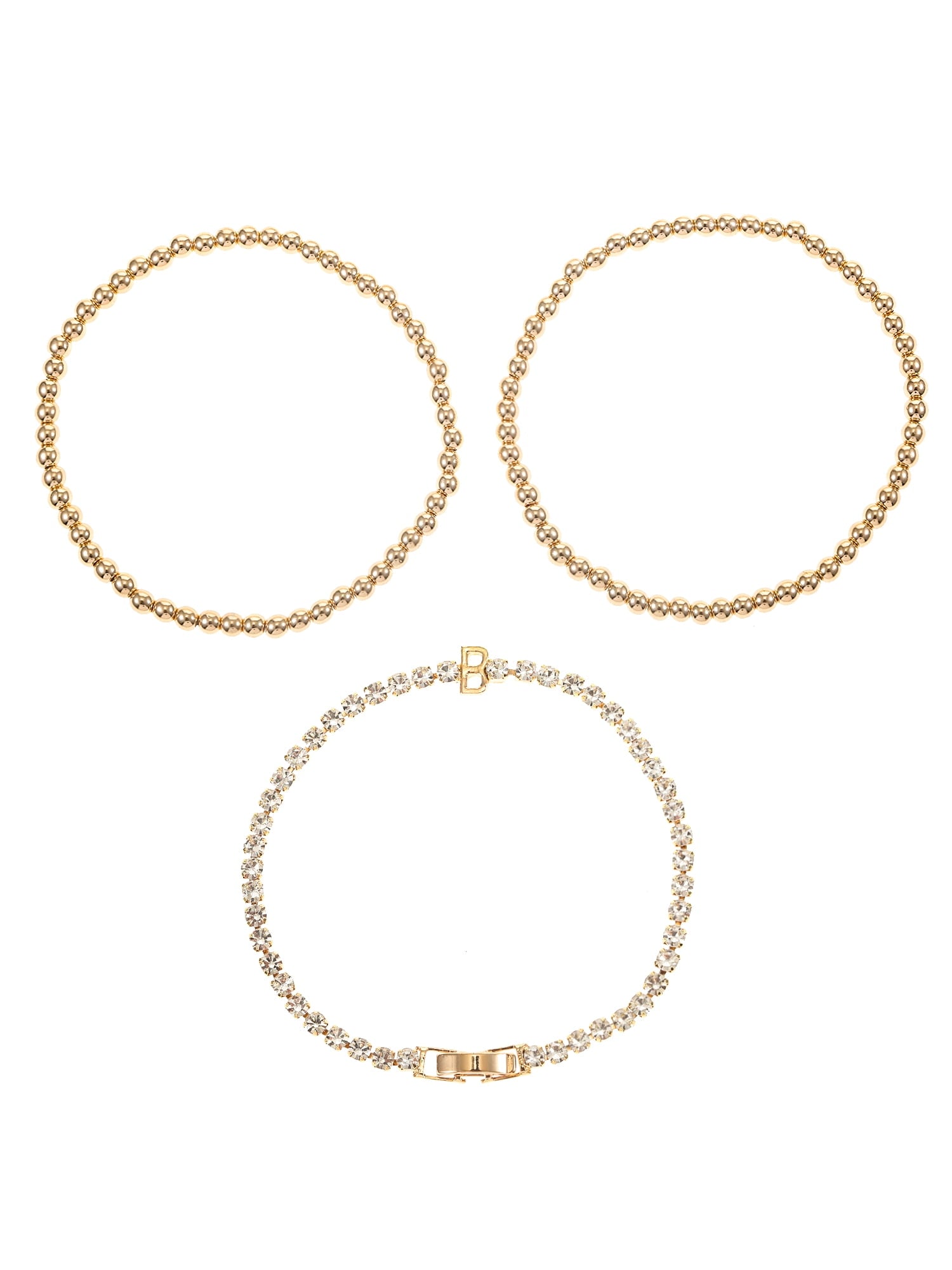 Goldtone and Crystal Beaded Stretch Bracelets, 3 Pieces, Initial Letter C