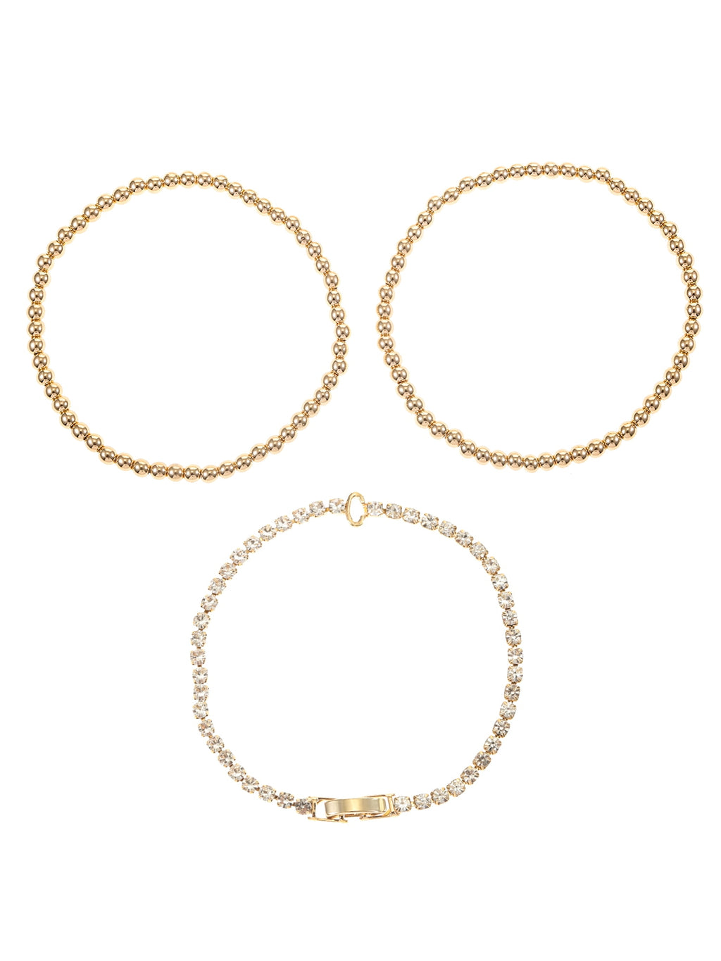 Goldtone and Crystal Beaded Stretch Bracelets, 3 Pieces, Initial Letter C