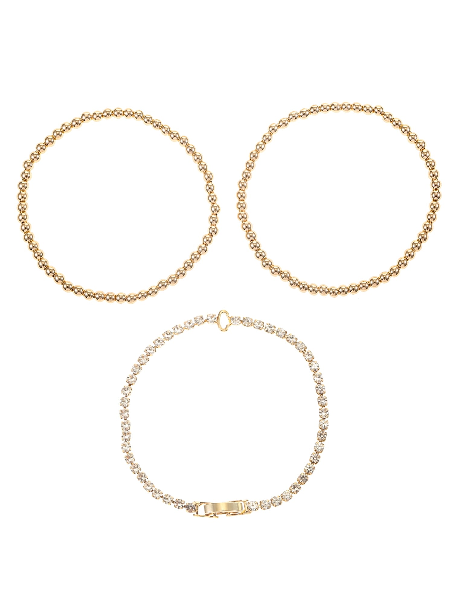 Goldtone and Crystal Beaded Stretch Bracelets, 3 Pieces, Initial Letter C