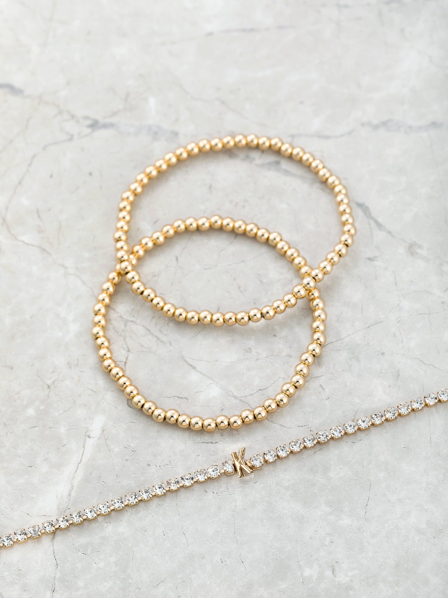 Goldtone and Crystal Beaded Stretch Bracelets, 3 Pieces, Initial Letter C