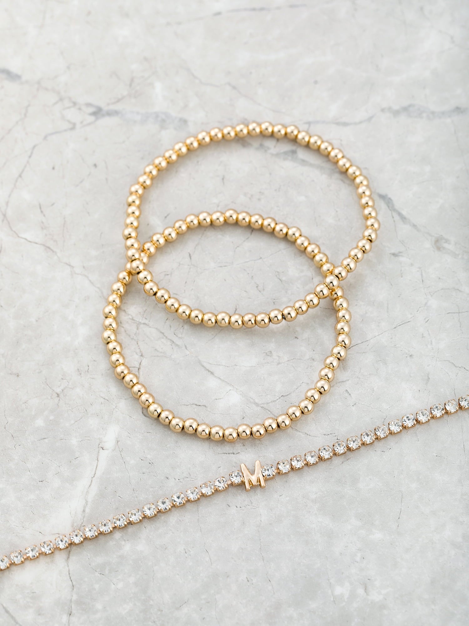 Goldtone and Crystal Beaded Stretch Bracelets, 3 Pieces, Initial Letter C
