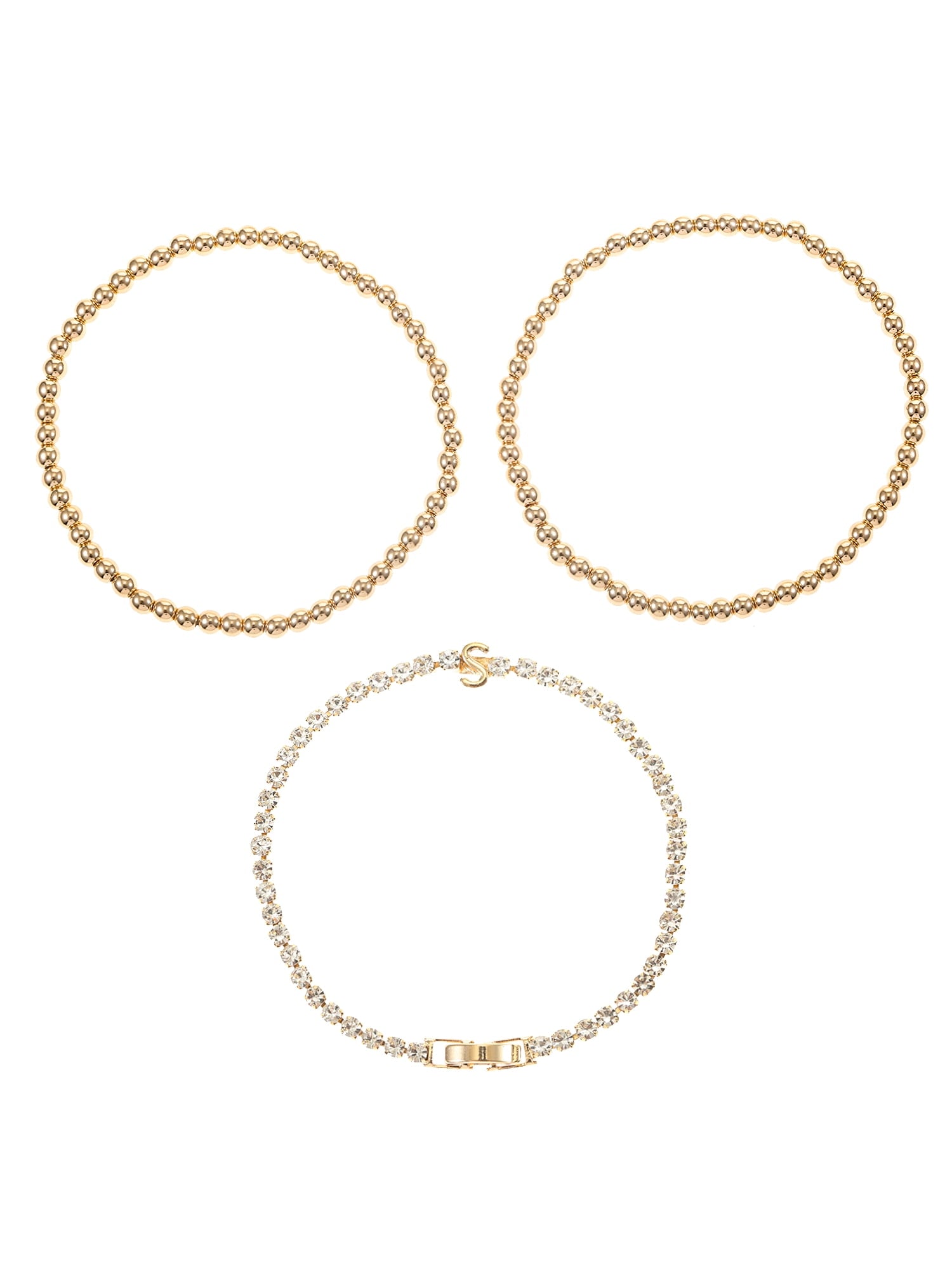Goldtone and Crystal Beaded Stretch Bracelets, 3 Pieces, Initial Letter C