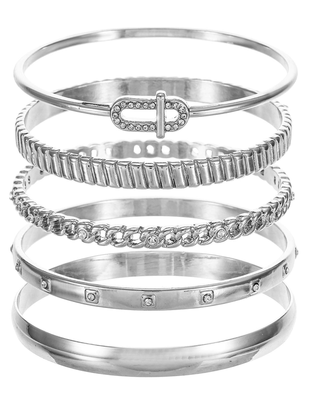 Silvertone Bangle Bracelet Set, 5 Bracelets