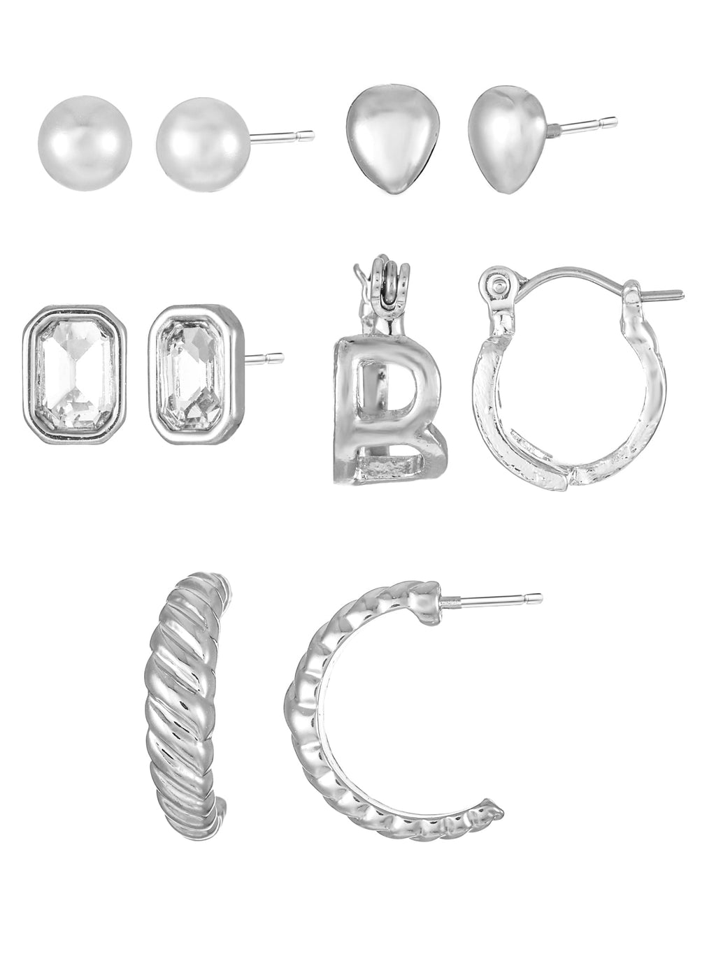 Silvertone Multi Earring Set, 5 Pairs, Initial B