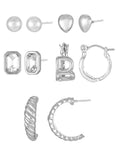 Silvertone Multi Earring Set, 5 Pairs, Initial B