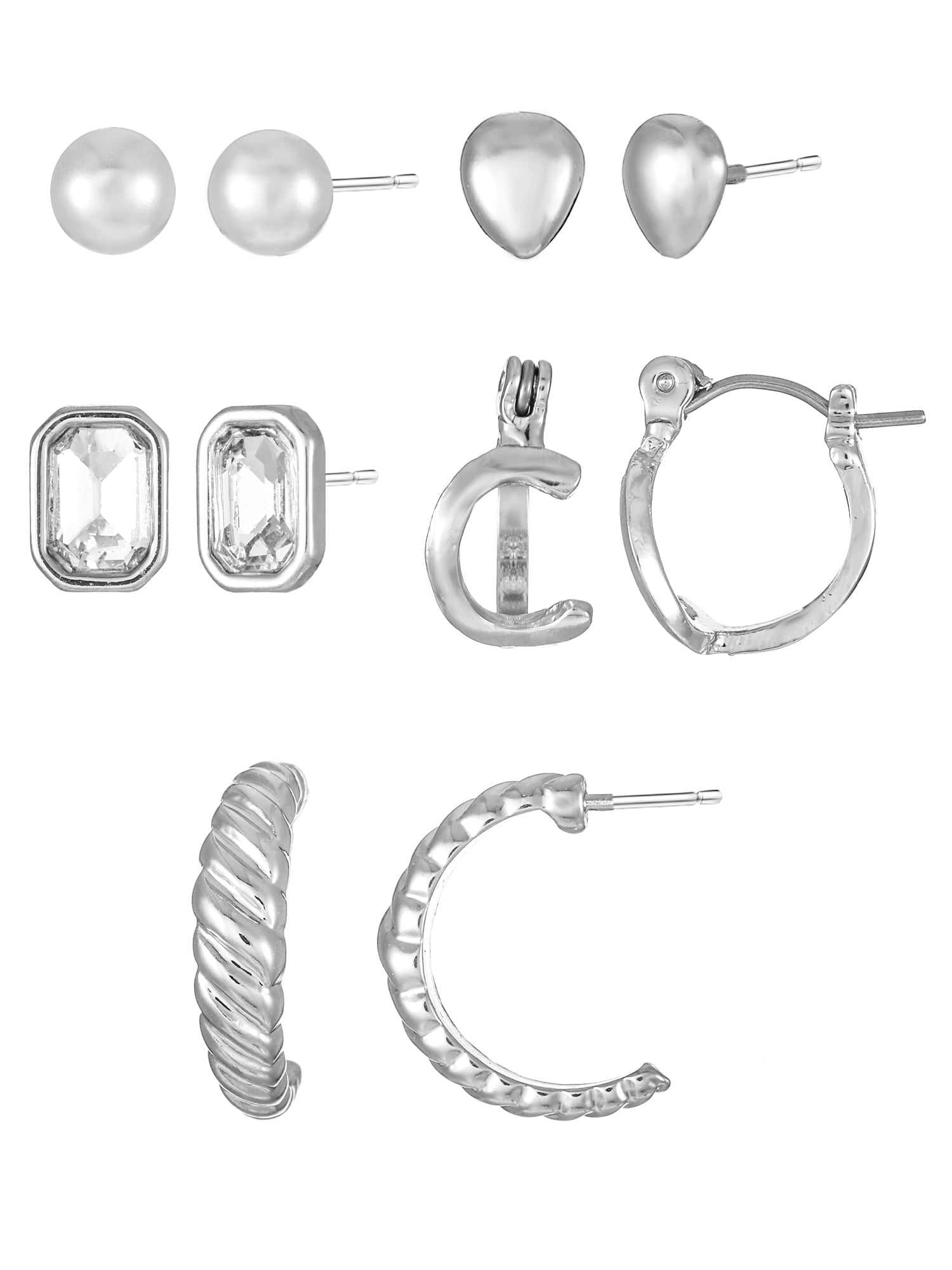 Silvertone Multi Earring Set, 5 Pairs, Initial B